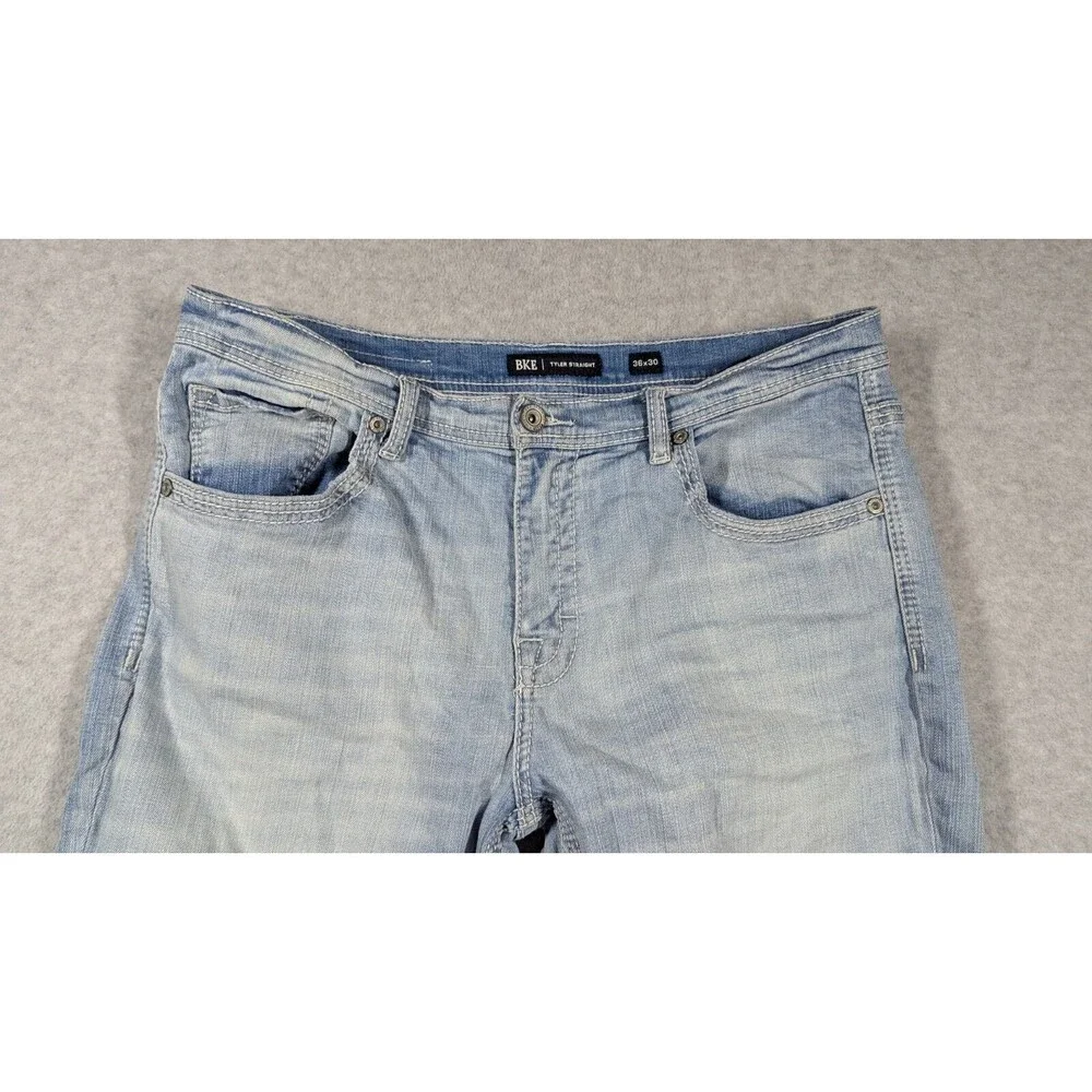 BKE Men Jeans 36x29 Tyler Straight Whiskering Light Wash Cotton Zip‎ Fly